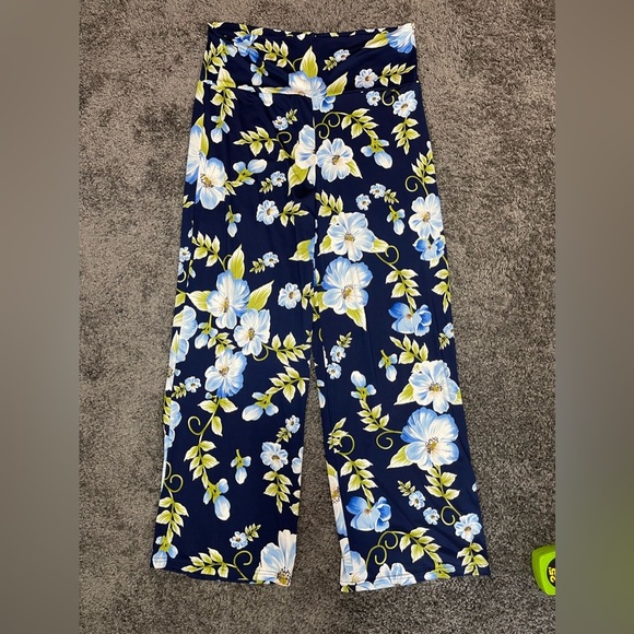 White Mark Navy blue floral high waist wide leg stretch palazzo pants size 2XL - Picture 5 of 13